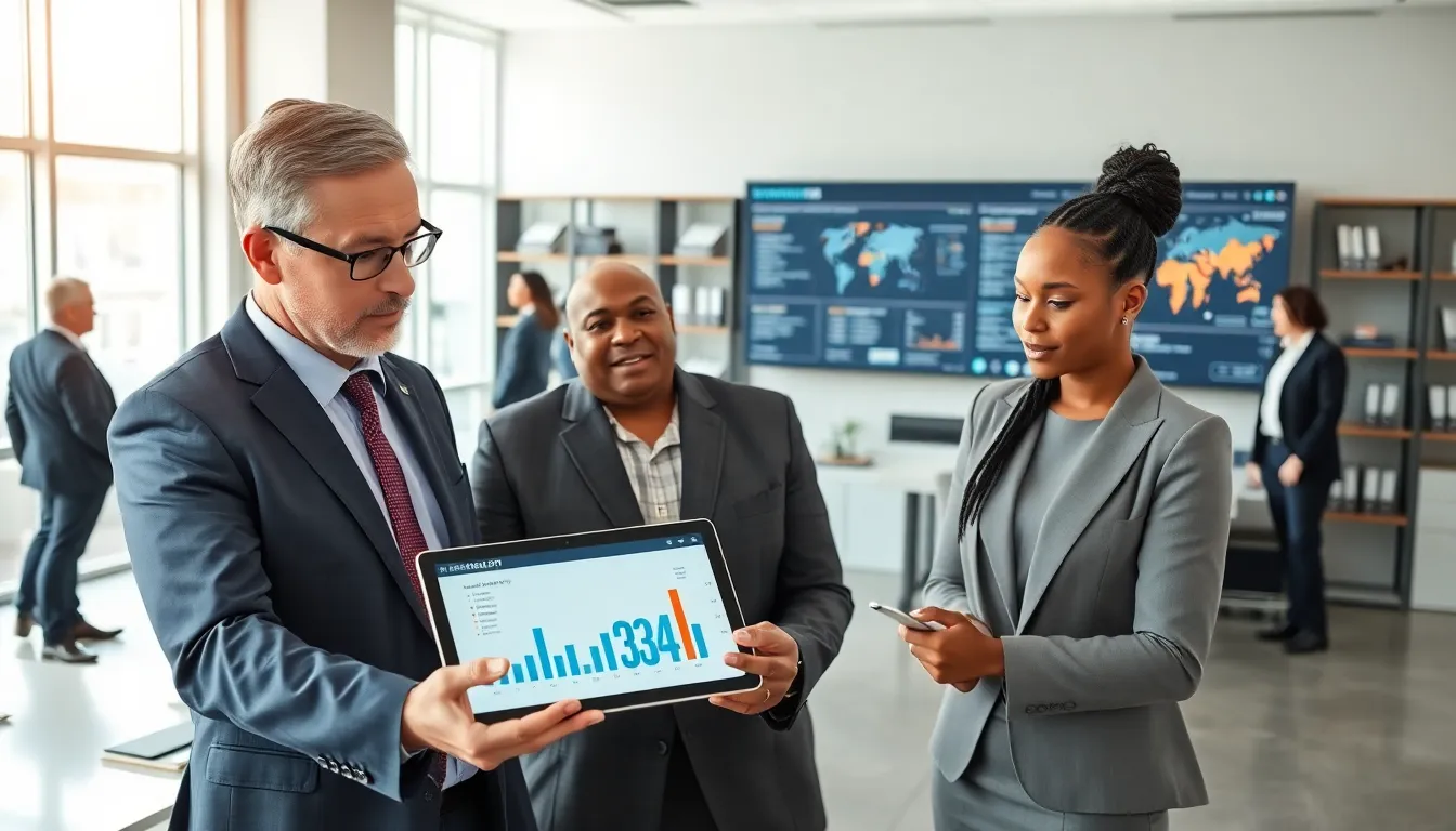 diverse professionals discussing logistics in a modern office space.